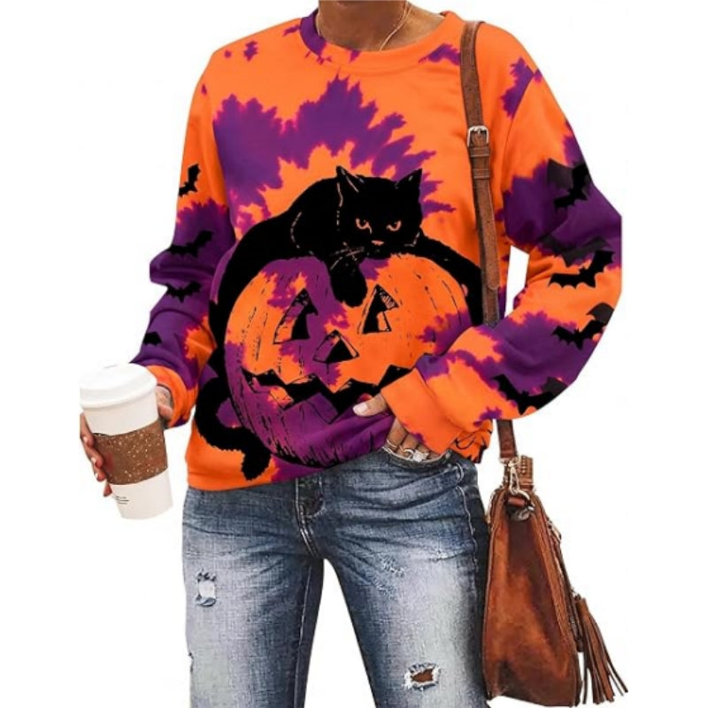 Black Cat on Pumpkin Sweatshirt Halloween Sweatshirts for Women Fall Pumpkin Face Tee Lightweight Pullover Tops