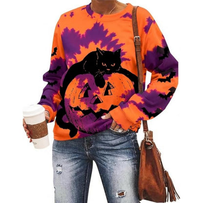 Black Cat on Pumpkin Sweatshirt Halloween Sweatshirts for Women Fall Pumpkin Face Tee Lightweight Pullover Tops