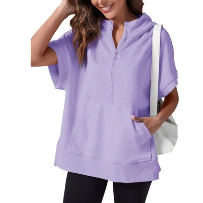 Women's Oversized Half Zip Hoodie Short Sleeve Sweatshirt with Pocket - Relaxed Fit Casual Pullover Top