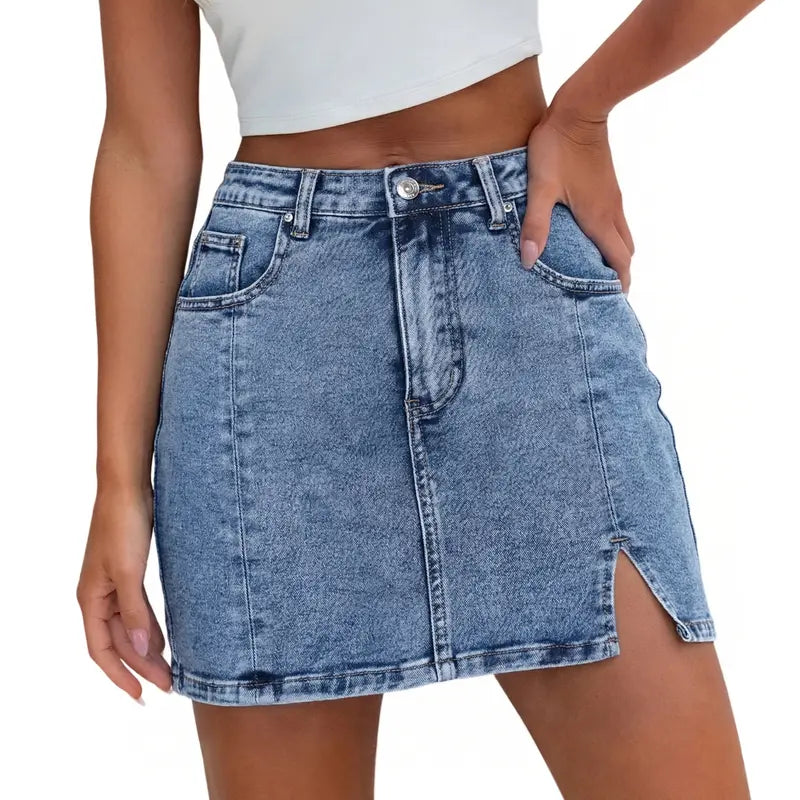 Women's High-Waisted Denim Skort | Built-in Shorts & Side Slit Skirt Womenswear Fitted Button skirts