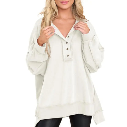 Women's Oversized Henley Sweatshirt Tunic – Long Sleeve V Neck Pullover Top, Cozy Casual Loose Fit Fall Sweater