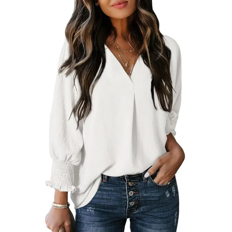 Women's V-Neck 3/4 Sleeve Oversized Tunic Tops Casual Summer Blouses Fitted Shirts 100% Polyester Comfortable Fabric
