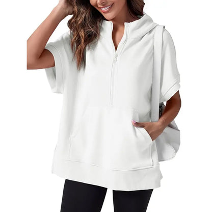 Women's Oversized Half Zip Hoodie Short Sleeve Sweatshirt with Pocket - Relaxed Fit Casual Pullover Top