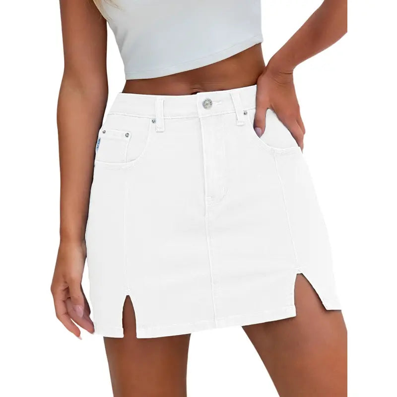 Women's High-Waisted Denim Skort | Built-in Shorts & Side Slit Skirt Womenswear Fitted Button skirts