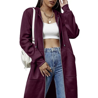 Women’s Long Zip Up Fleece Hoodie Jacket - Casual Oversized Hooded Sweatshirt with Front Pockets, Soft Warm Tunic Length Coat