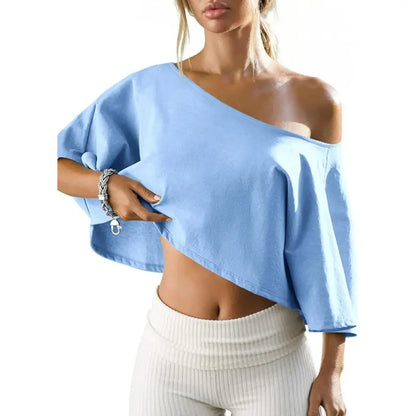 🔥Last Chance to Save ! Womens Cotton Off-Shoulder Crop Top Loose Batwing Sleeve Asymmetrical Neck Casual Tee