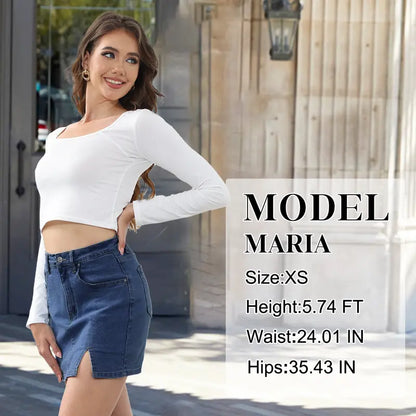 Women's High-Waisted Denim Skort | Built-in Shorts & Side Slit Skirt Womenswear Fitted Button skirts