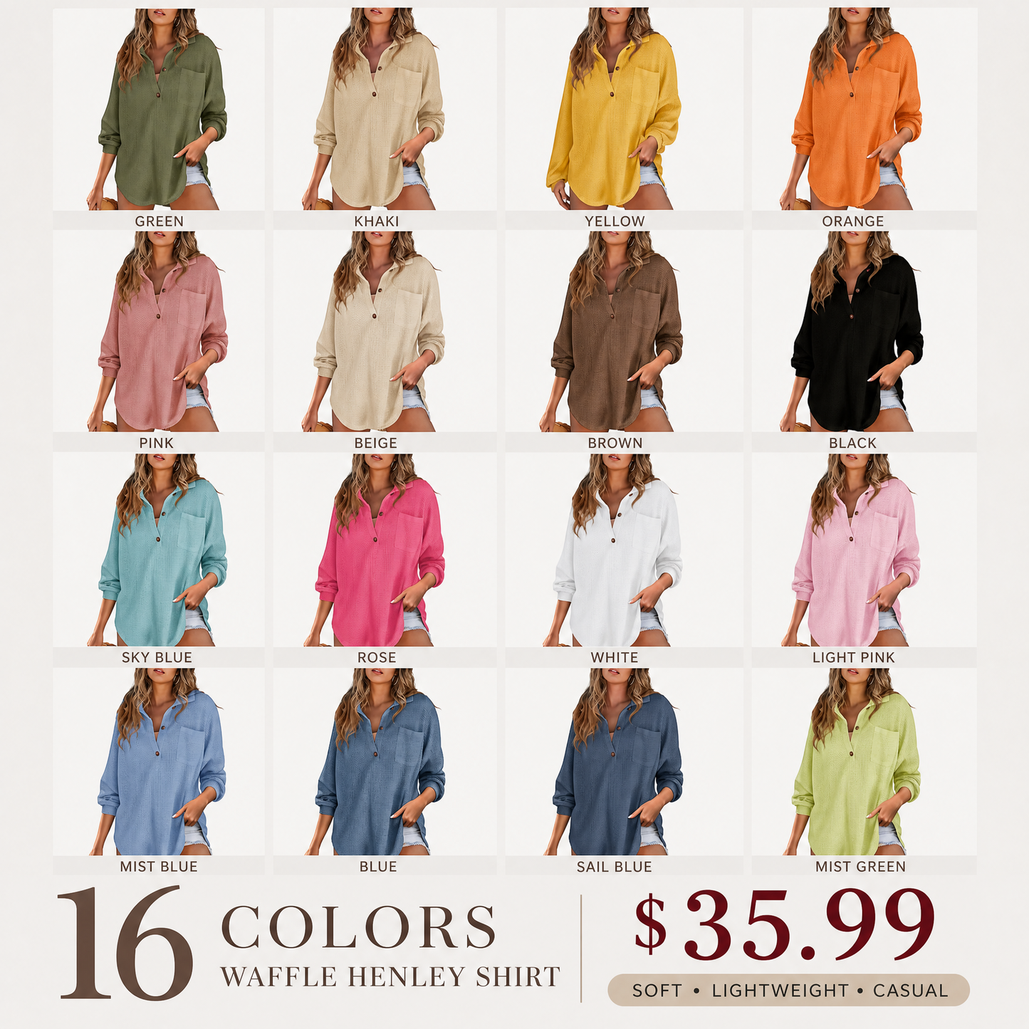 Women's Oversized Waffle Knit Henley Top - Casual V-Neck Mesh Knitwear Long Sleeve Tunic Blouse for Fall