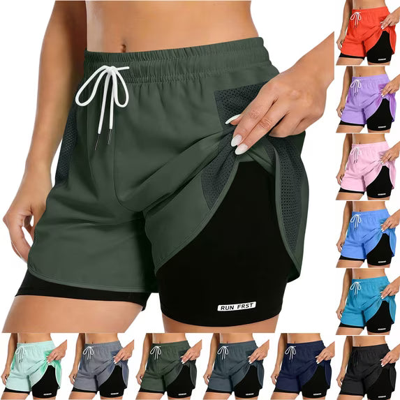 Women's 2 in 1 Running Shorts with Liner Pockets Quick Dry Athletic Workout Gym Shorts