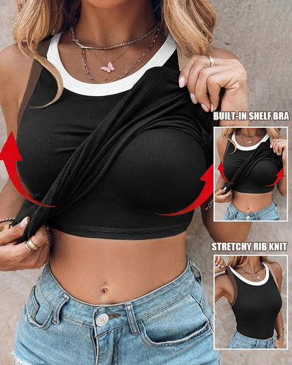 Womens Color Block Built in Bra Tank Tops Sleeveless Padded Casual Shirts Racerback Ribbed Tank Top