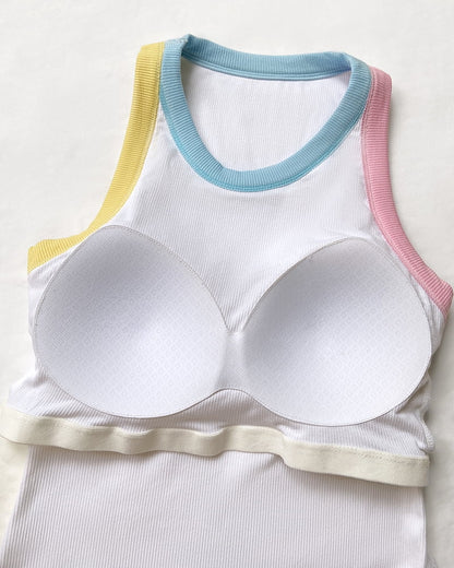Womens Color Block Built in Bra Tank Tops Sleeveless Padded Casual Shirts Racerback Ribbed Tank Top