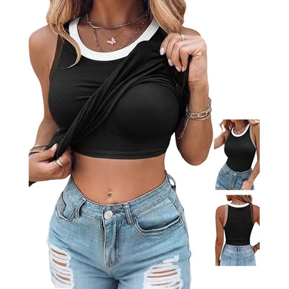 Womens Color Block Built in Bra Tank Tops Sleeveless Padded Casual Shirts Racerback Ribbed Tank Top