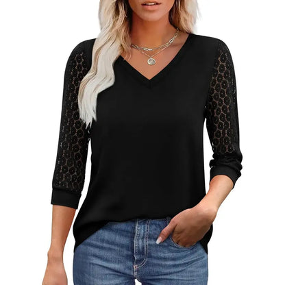 Women's V-Neck Lace 3/4 Sleeve Tunic Blouse | Elegant Business Casual Top