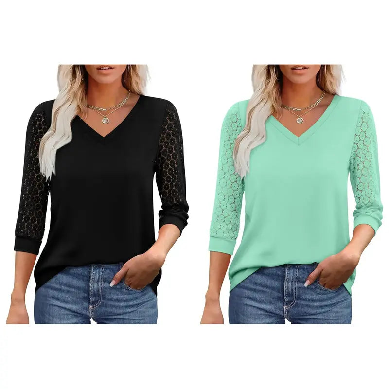 Women's V-Neck Lace 3/4 Sleeve Tunic Blouse | Elegant Business Casual Top