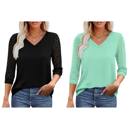 Women's V-Neck Lace 3/4 Sleeve Tunic Blouse | Elegant Business Casual Top