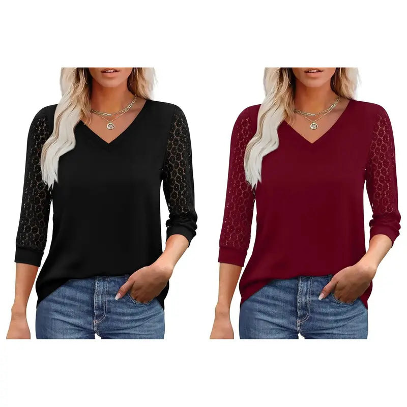 Women's V-Neck Lace 3/4 Sleeve Tunic Blouse | Elegant Business Casual Top