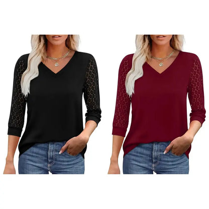 Women's V-Neck Lace 3/4 Sleeve Tunic Blouse | Elegant Business Casual Top