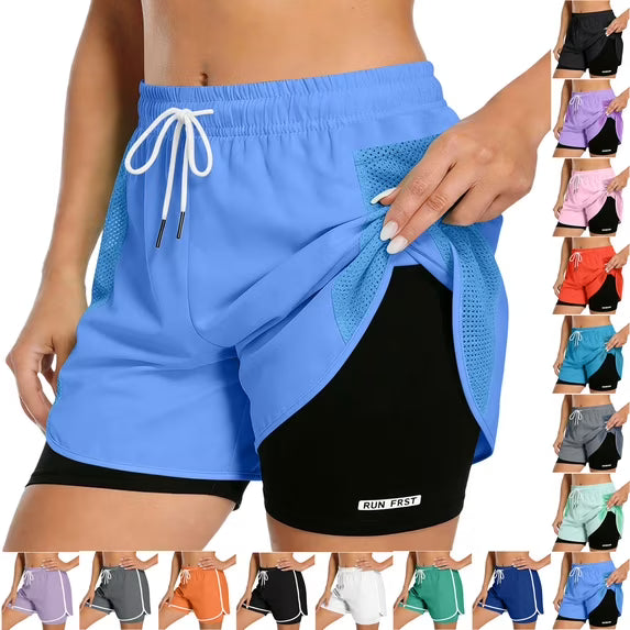 Women's 2 in 1 Running Shorts with Liner Pockets Quick Dry Athletic Workout Gym Shorts