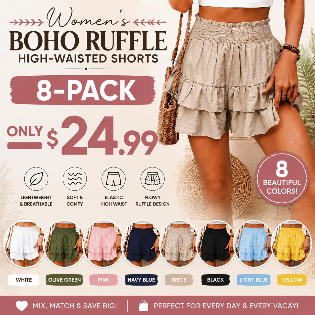 🌈Women's Boho Ruffle High-Waisted Shorts