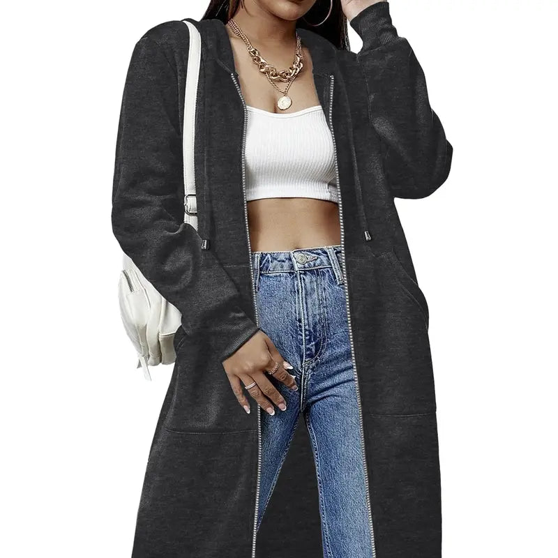 Women’s Long Zip Up Fleece Hoodie Jacket - Casual Oversized Hooded Sweatshirt with Front Pockets, Soft Warm Tunic Length Coat