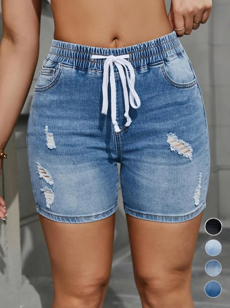 ⭐  Women's High Waisted Drawstring Ripped Denim Shorts with Pockets