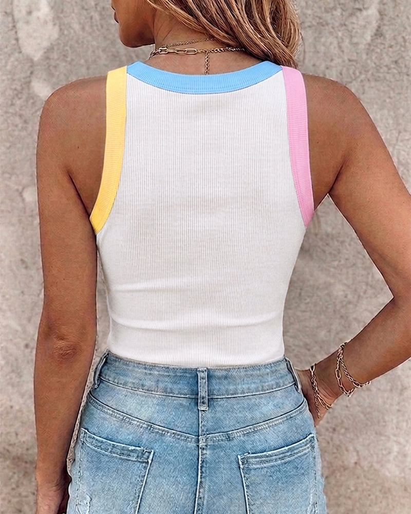Womens Color Block Built in Bra Tank Tops Sleeveless Padded Casual Shirts Racerback Ribbed Tank Top