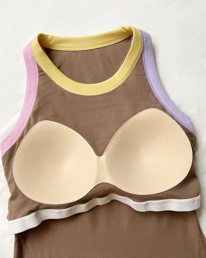 Womens Color Block Built in Bra Tank Tops Sleeveless Padded Casual Shirts Racerback Ribbed Tank Top