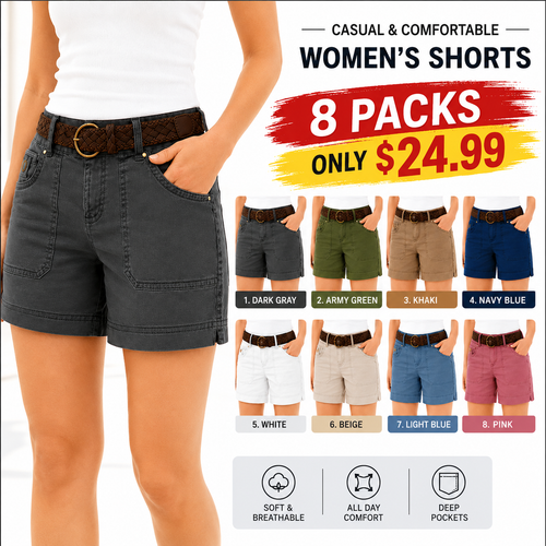 FINAL SALE⚡- 8 PACK Casual Summer Shorts – Split Side Flap Pocket Shorts Without Belt