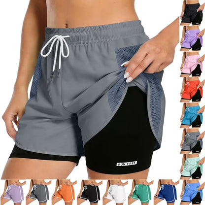 Women's 2 in 1 Running Shorts with Liner Pockets Quick Dry Athletic Workout Gym Shorts
