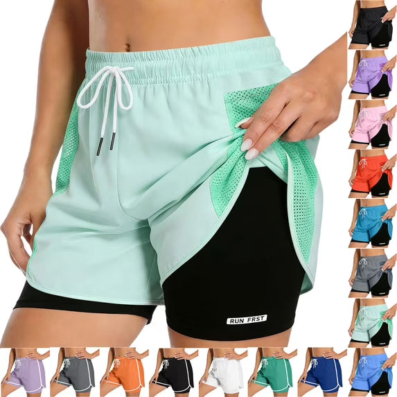 Women's 2 in 1 Running Shorts with Liner Pockets Quick Dry Athletic Workout Gym Shorts