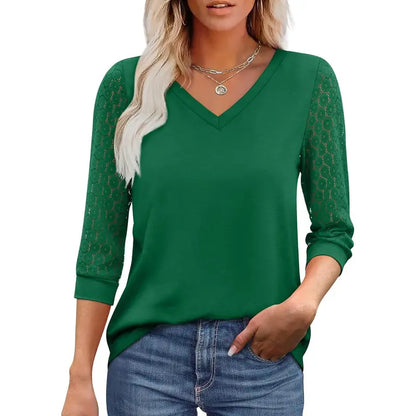 Women's V-Neck Lace 3/4 Sleeve Tunic Blouse | Elegant Business Casual Top