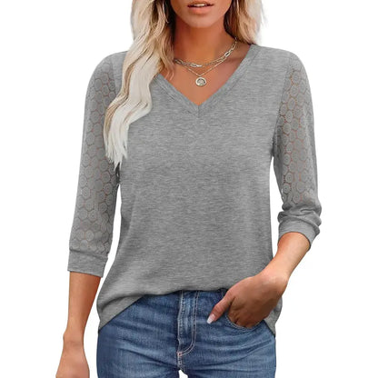 Women's V-Neck Lace 3/4 Sleeve Tunic Blouse | Elegant Business Casual Top