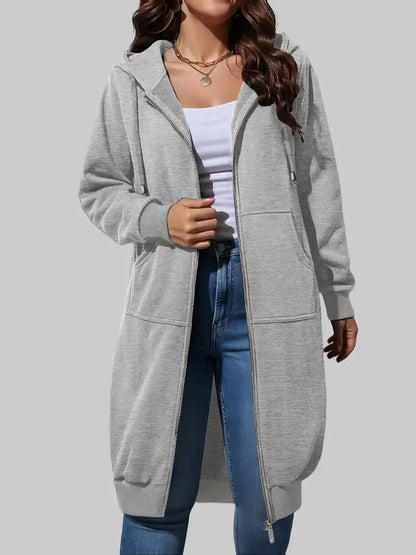 Women’s Long Zip Up Fleece Hoodie Jacket - Casual Oversized Hooded Sweatshirt with Front Pockets, Soft Warm Tunic Length Coat