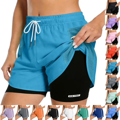 Women's 2 in 1 Running Shorts with Liner Pockets Quick Dry Athletic Workout Gym Shorts