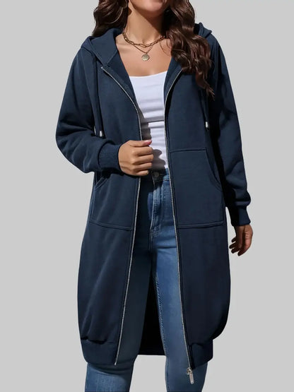 Women’s Long Zip Up Fleece Hoodie Jacket - Casual Oversized Hooded Sweatshirt with Front Pockets, Soft Warm Tunic Length Coat