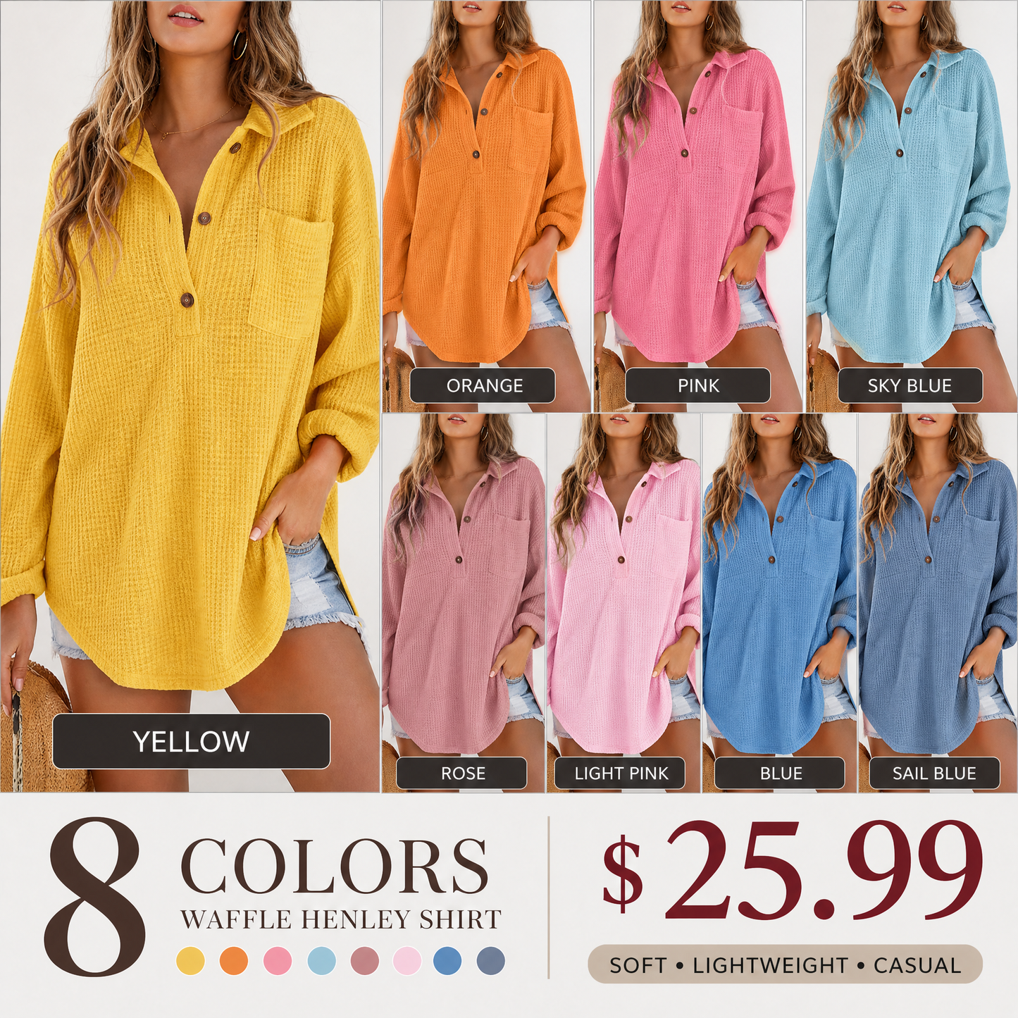 Women's Oversized Waffle Knit Henley Top - Casual V-Neck Mesh Knitwear Long Sleeve Tunic Blouse for Fall