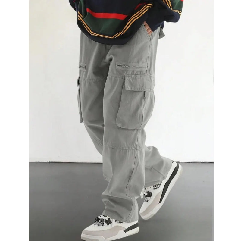 Loose Fit Drawstring Cargo Pants with Zipper Pockets – Casual Outdoor Wear