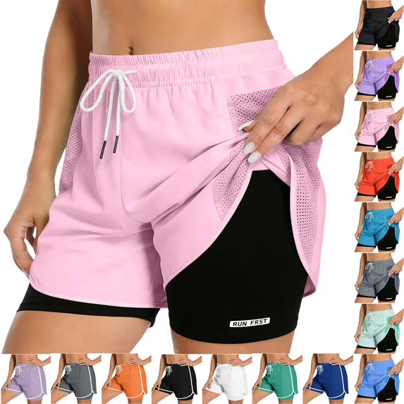 Women's 2 in 1 Running Shorts with Liner Pockets Quick Dry Athletic Workout Gym Shorts