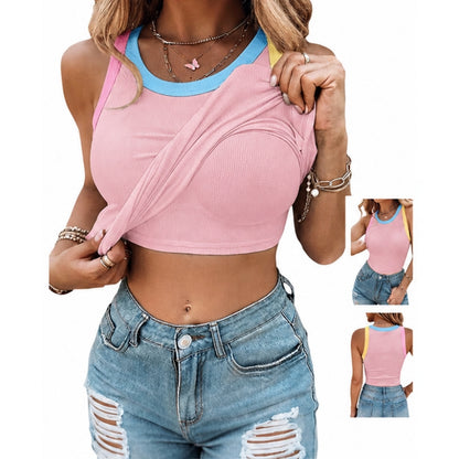 Womens Color Block Built in Bra Tank Tops Sleeveless Padded Casual Shirts Racerback Ribbed Tank Top
