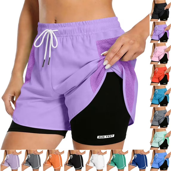 Women's 2 in 1 Running Shorts with Liner Pockets Quick Dry Athletic Workout Gym Shorts