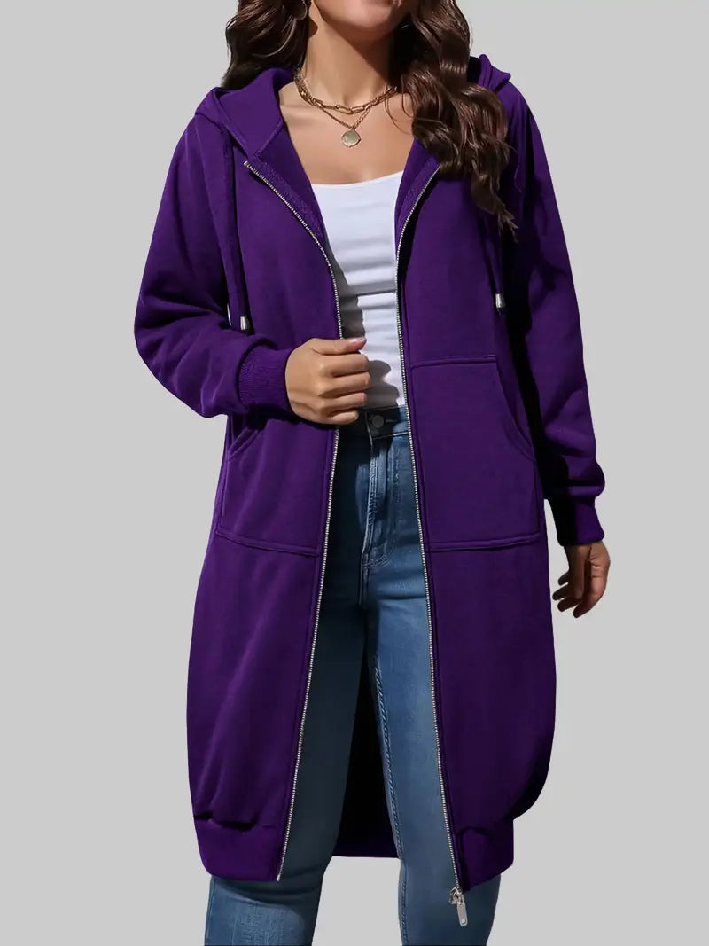 Women’s Long Zip Up Fleece Hoodie Jacket - Casual Oversized Hooded Sweatshirt with Front Pockets, Soft Warm Tunic Length Coat