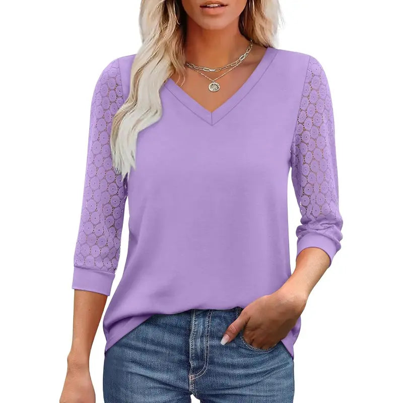 Women's V-Neck Lace 3/4 Sleeve Tunic Blouse | Elegant Business Casual Top