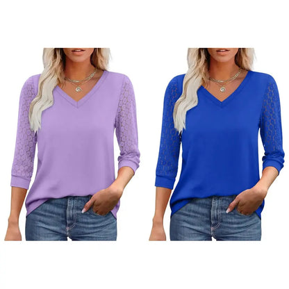 Women's V-Neck Lace 3/4 Sleeve Tunic Blouse | Elegant Business Casual Top