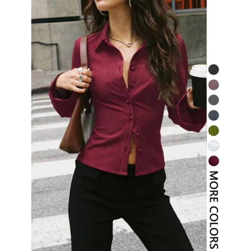 Women's V-Neck Button Front Blouse, Long Sleeve Slim-Fit Casual Shirt, Striped Pattern, Spring & Fall Fashion, Daily Wear