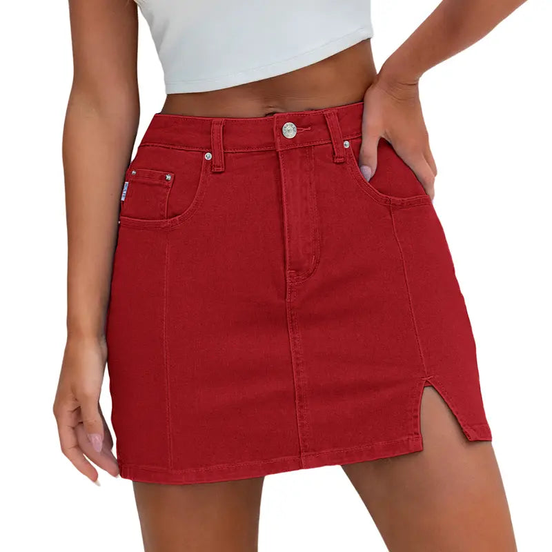 Women's High-Waisted Denim Skort | Built-in Shorts & Side Slit Skirt Womenswear Fitted Button skirts