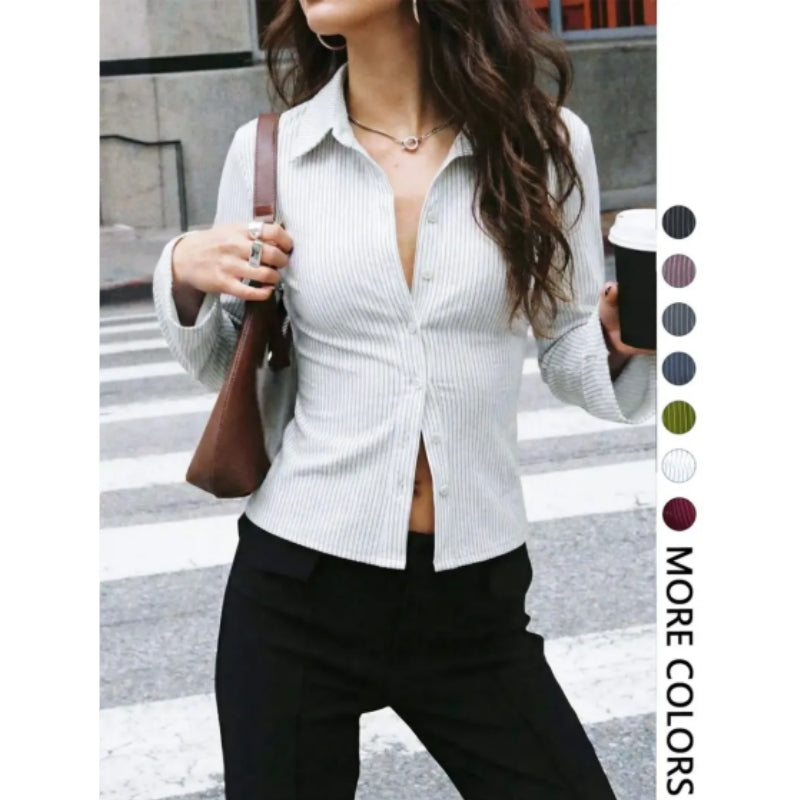 Women's V-Neck Button Front Blouse, Long Sleeve Slim-Fit Casual Shirt, Striped Pattern, Spring & Fall Fashion, Daily Wear
