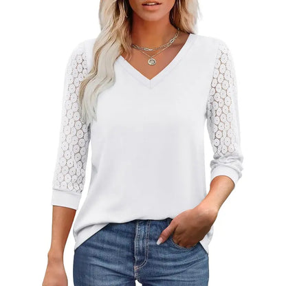 Women's V-Neck Lace 3/4 Sleeve Tunic Blouse | Elegant Business Casual Top